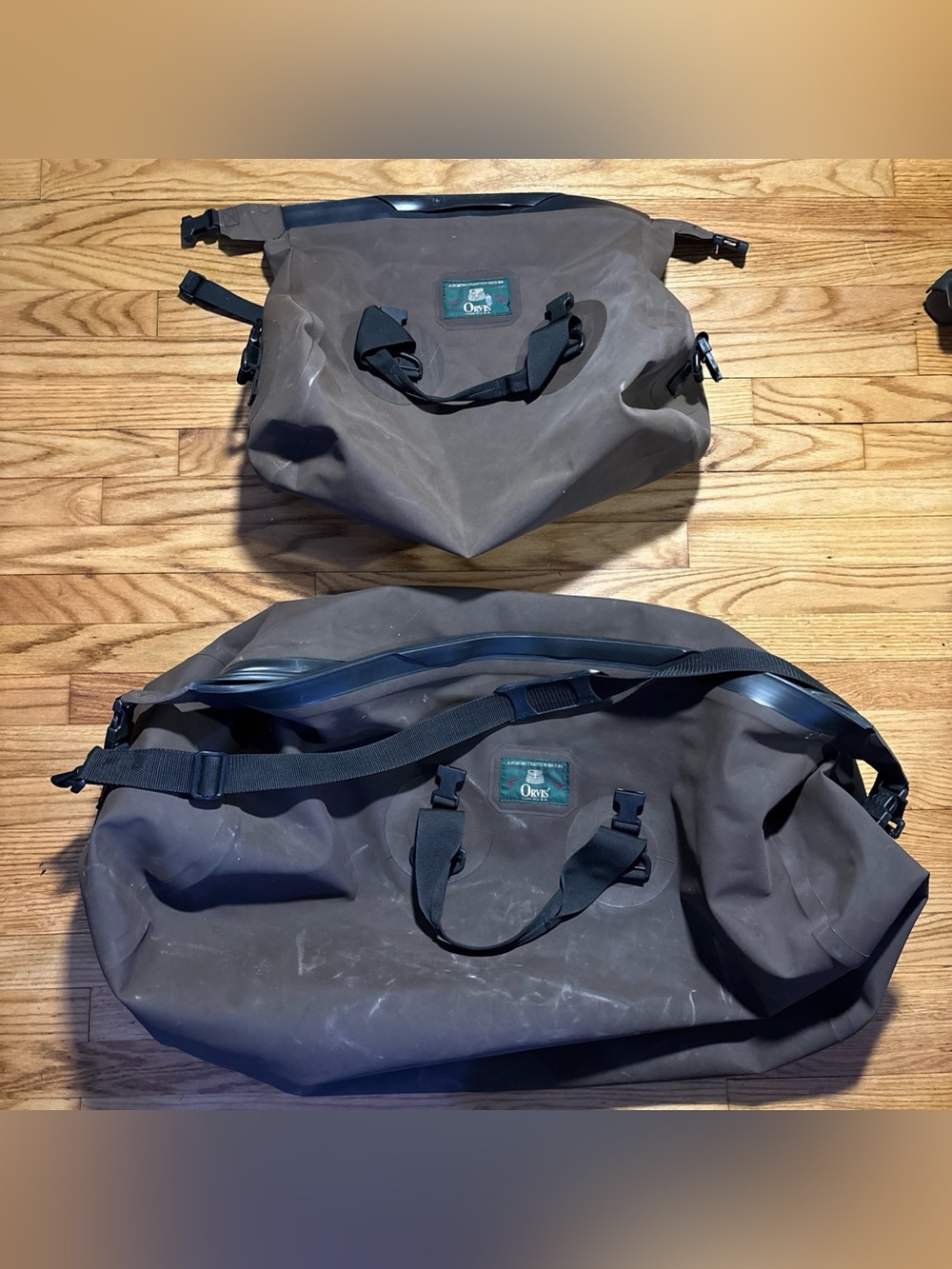 LOT OF 2 ORVIS waterproof roll-top duffel bags 31” XXL & 19” M - brown